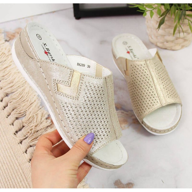 Bőr ékpapucs S. Barski W OLI163B arany aranysárga 1