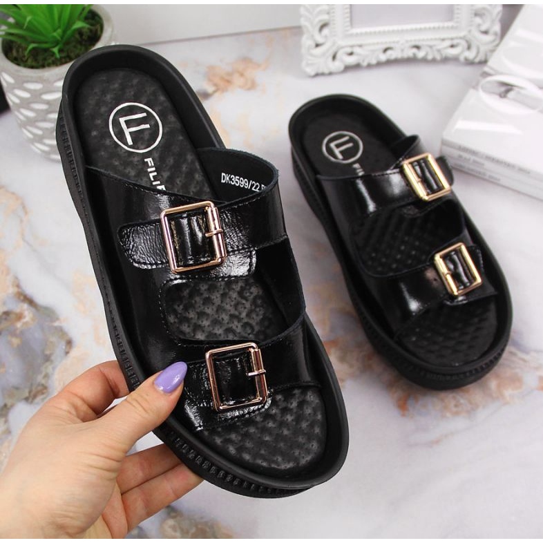 Bőr papucs csatokkal Filippo W PAW346A fekete 1