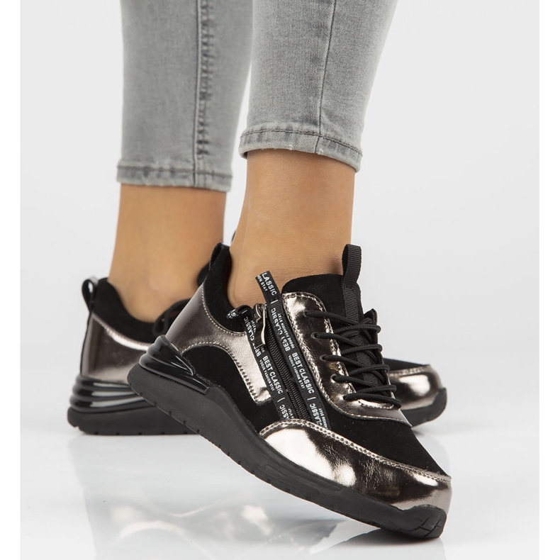 Bőr tornacipő Filippo DP3149 / 21 Bk Gn sötét nikkel fekete ezüst 1