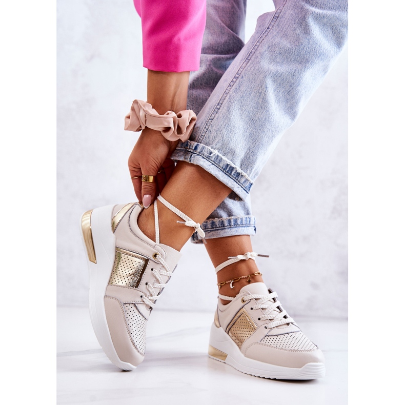 S.Barski Női bőr sportcipő éken bézs és fehér Larson aranysárga 2