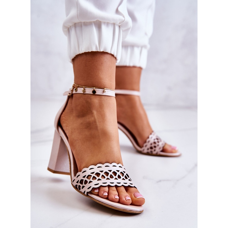Lewski Shoes Bőr szandál áttört Lewski 2869 Pearl Pink bézs rózsaszín 2
