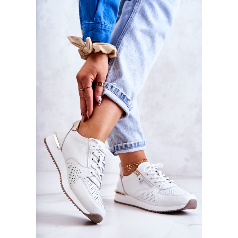 Vinceza Női sport bőr tornacipő Fehér Horessa aranysárga 2