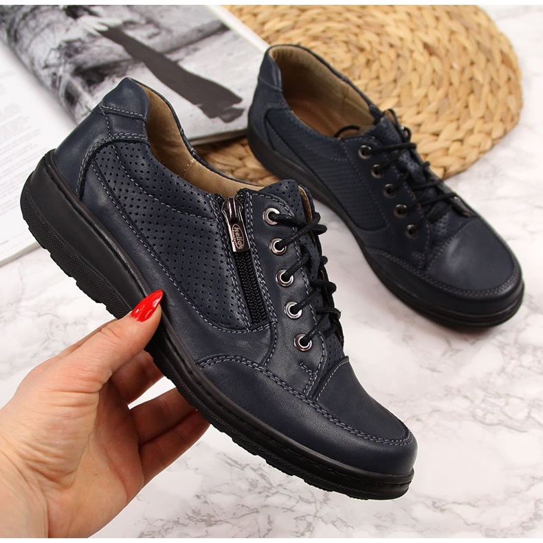 Bőr női cipő sötétkék cipzárral Helios 357 2