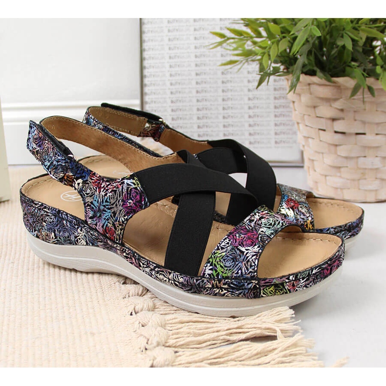 Női bőr szandál kényelmes Helios 100 gumin fekete sokszínű 2