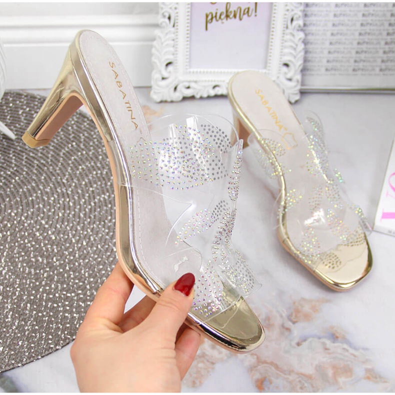 Átlátszó női papucs Sabatina arany cirkóniákkal színtelen 1