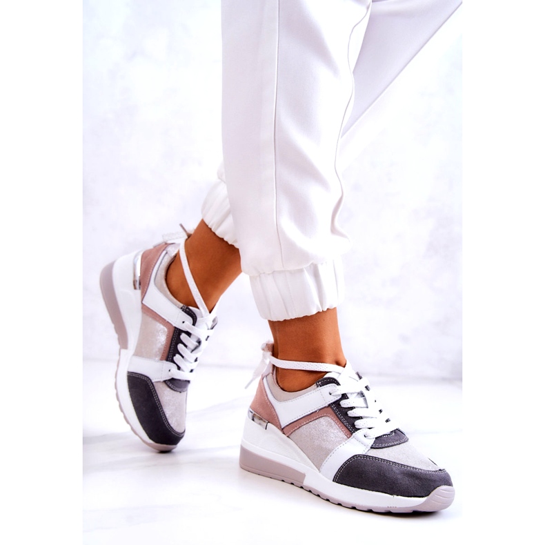 S.Barski Bőr Sportcipők Wedge Sneakers Ezüst-szürke Elissa fehér rózsaszín 4