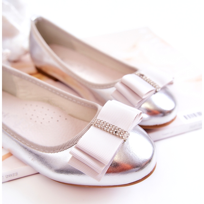 S.Barski Bőr gyermekbalerinák, dekoratív ezüst Claril masnival 2