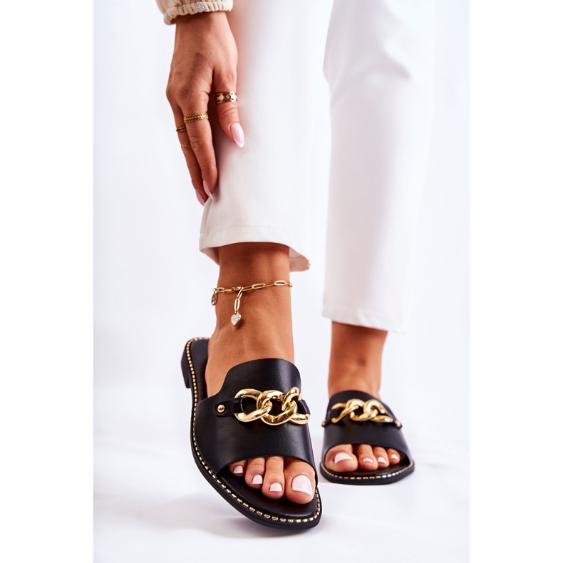 S.Barski Divatos fekete Finess papucs lánccal, lapos sarkon 1