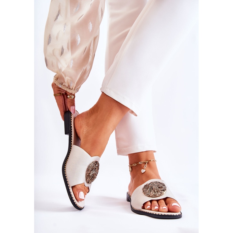 S.Barski Női bőr papucs Golden Colene díszítéssel aranysárga 2