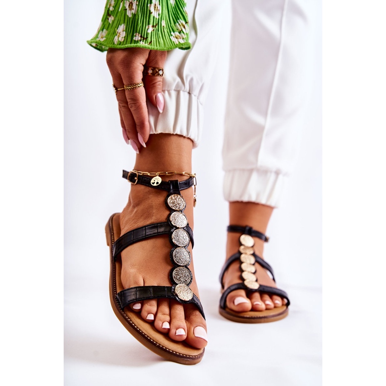 FJ1 Női szandál dekoratív övvel, fekete Seila aranysárga 2