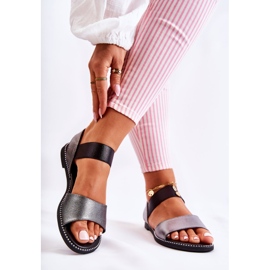 S.Barski Klasszikus szandál szegecsekkel Sötétezüst Shelly fekete 2