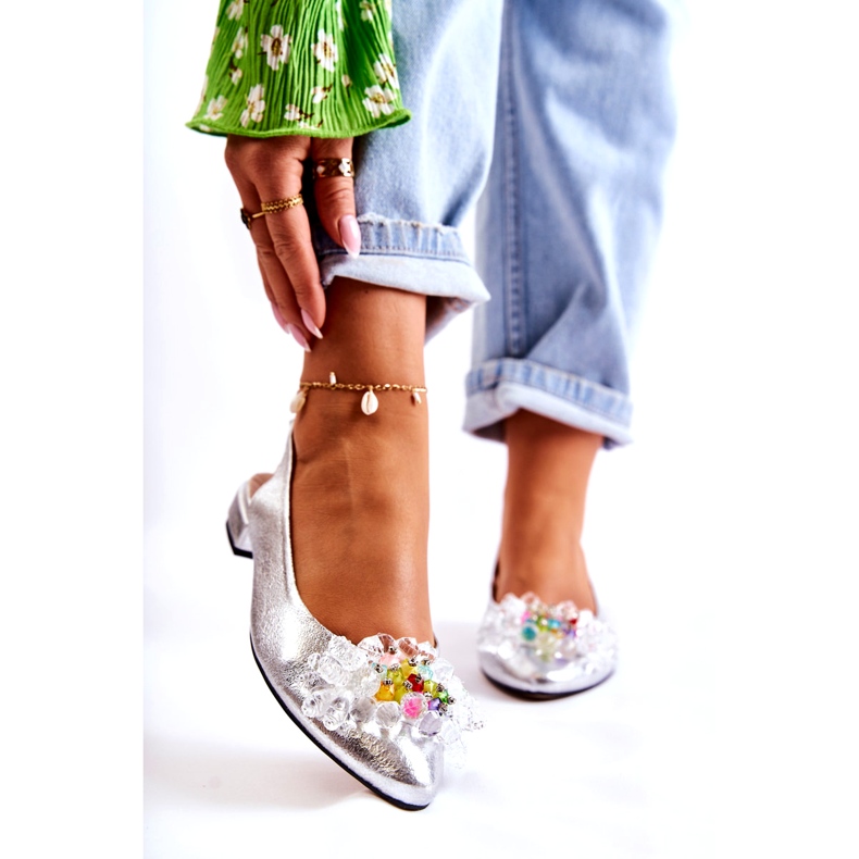 PA2 Bőr balerinák magassarkún ezüst Elena díszítéssel 1
