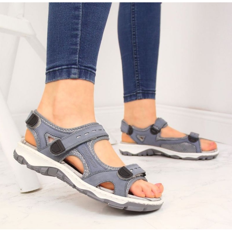 Bőr szandál tépőzáras Rieker W RKR458 kék színnel 2