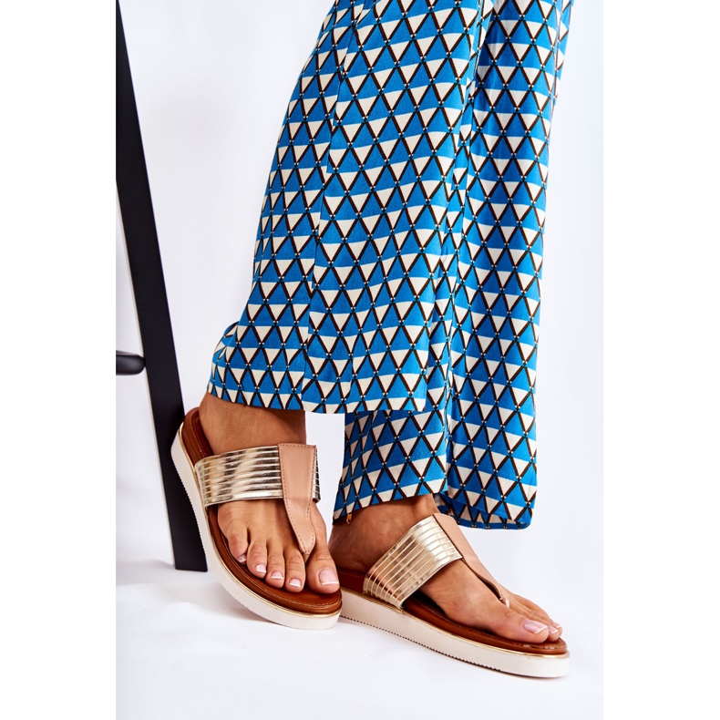 Női papucs papucsok a bézs-arany Morissa platformon barna aranysárga 1