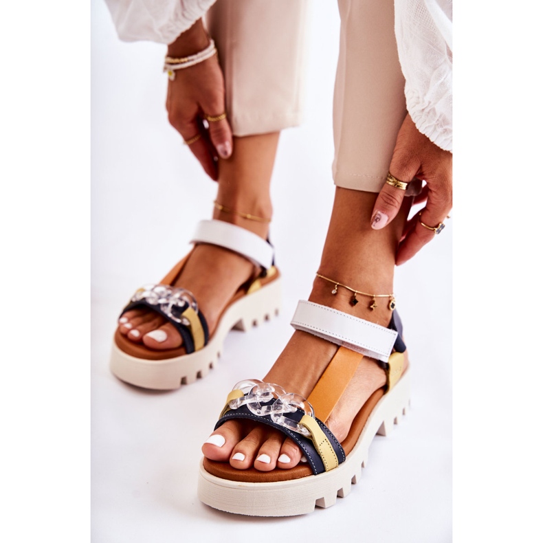 Bőr szandál tépőzárral Maciejka L5009-02 Sötétkék-fehér 1