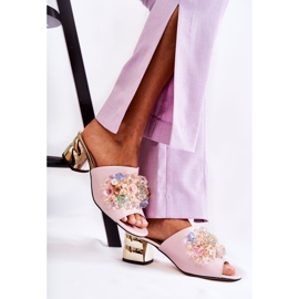 PA2 Bőr női papucs magassarkún, rózsaszín Calinda díszítéssel 2