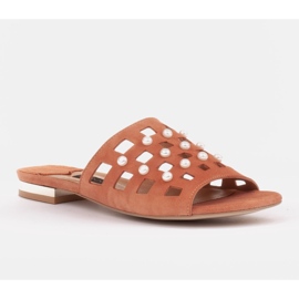 Marco Shoes Elegáns női papucs gyöngyökkel és perforációval narancssárga 1