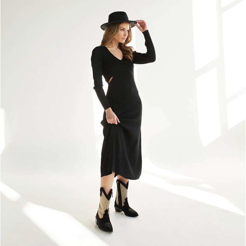 Marco Shoes Cowboy csizma velúrral és szövettel kombinálva fekete 1