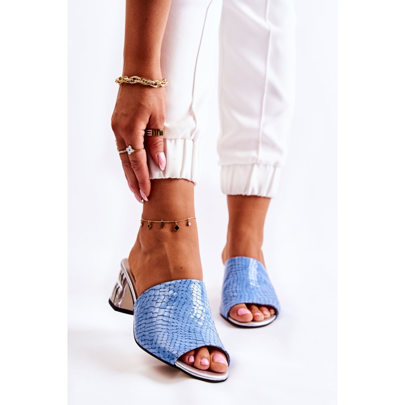 Bőr női papucs, krokodil mintás a sarkon, kék Perry 1