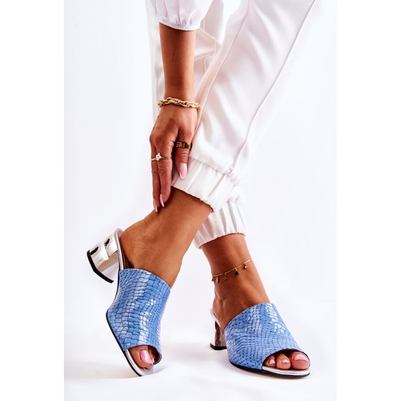 Bőr női papucs, krokodil mintás a sarkon, kék Perry 2