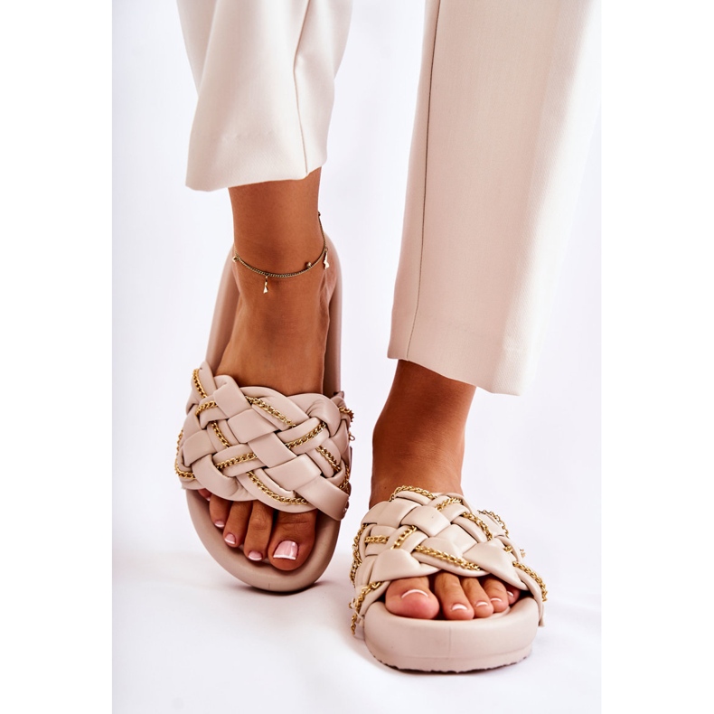 PS1 Bézs színű női bőrpapucs lánccal 1