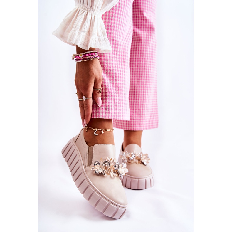 PA2 Bézs Mirana díszítésű női bőr tornacipő 1