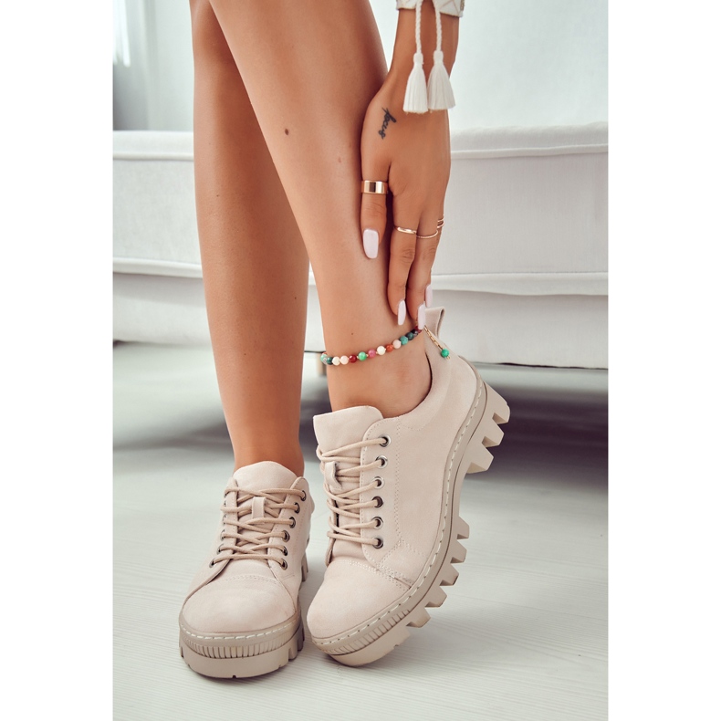 S.Barski Női velúr fűzős cipő, bézs 4