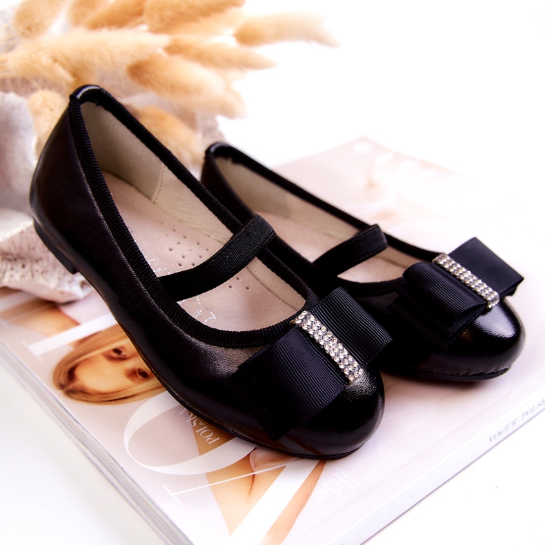 S.Barski Bőr gyermek balerinák fekete Claril dekoratív masnival 4