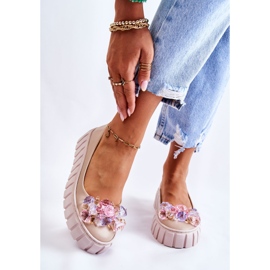 PA2 Bőr Balerinák Egy Platformon Bézs Színű Ladette Dekorációval 1