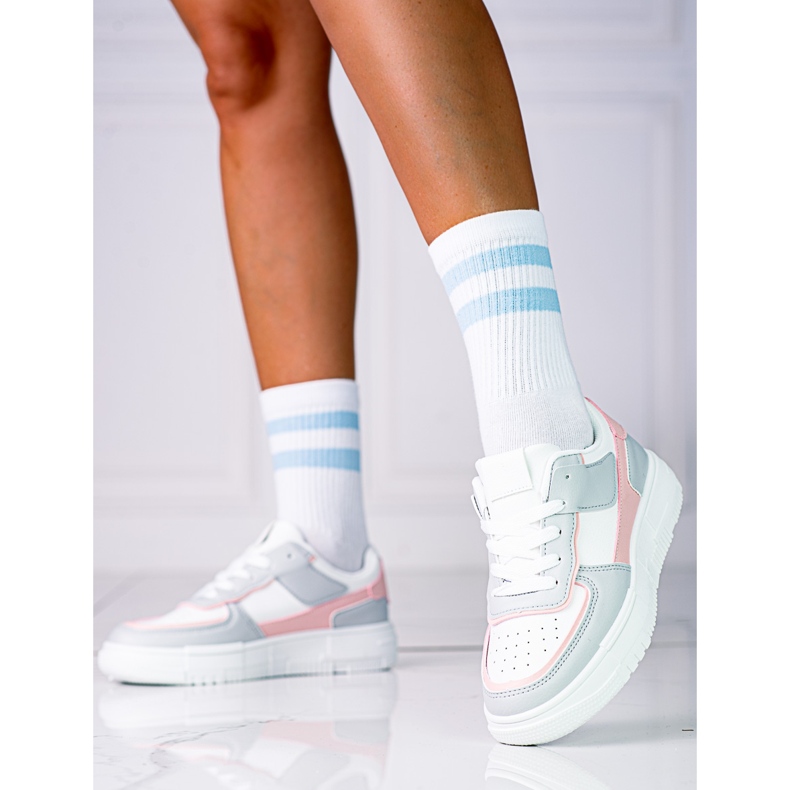 Női fűzős tornacipő a Shelovet platformon ökológiai bőrből fehér és szürke rózsaszín színben sokszínű 2