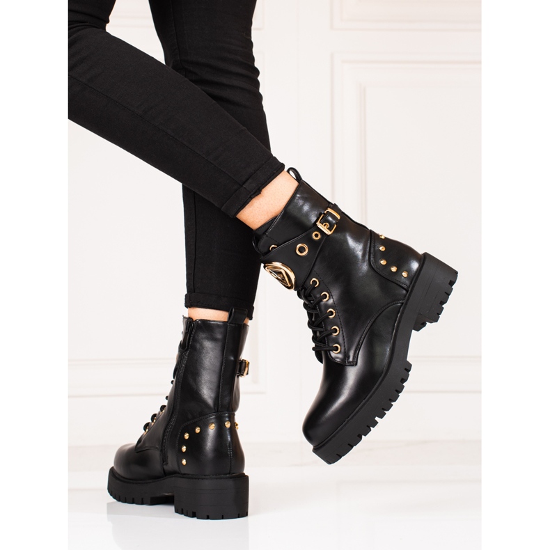 Shelovet női fűzős munkások aranyszínű kiegészítőkkel fekete 1