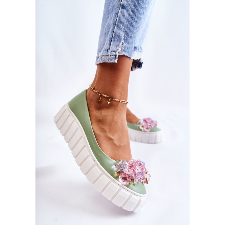 PA2 Bőr Balerinák Egy Platformon Színes Zöld Ladette Dekorációval 2