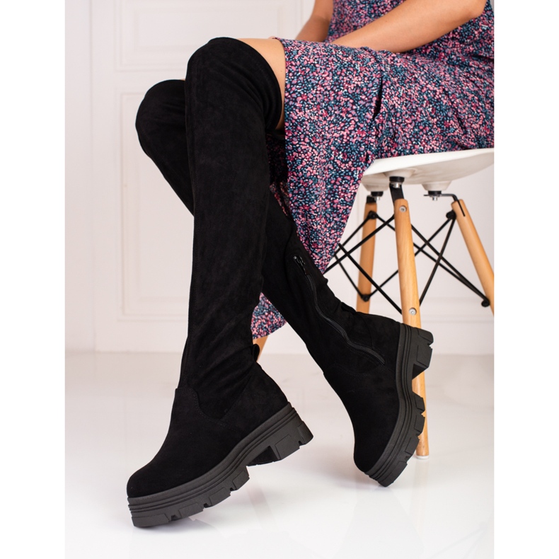 Női Shelovet combig érő csizma fekete platformon 2