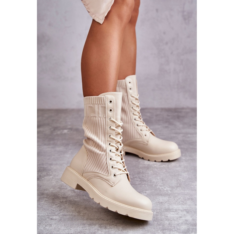 FS1 Női bokacsizma zoknival, lapos sarkú bézs színű Liam barna 2