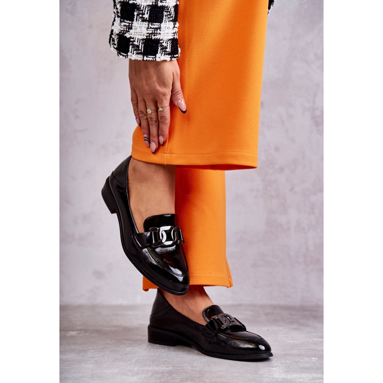 Vinceza Divatos lakkozott cipők naplopók, fekete trine 2