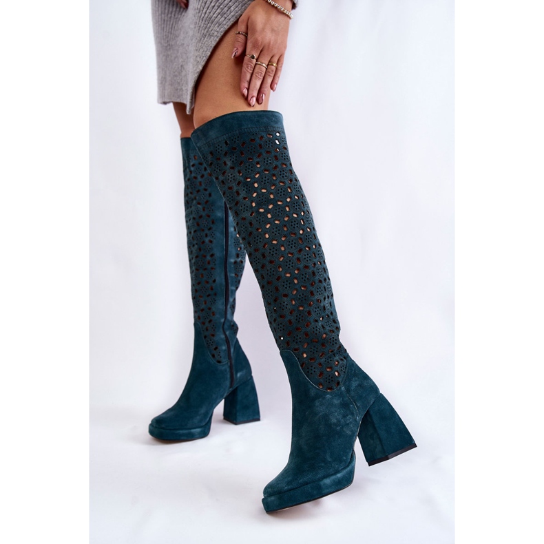 PA2 Áttört velúr csizma, magas sarkú, zöld görgő sokszínű 2