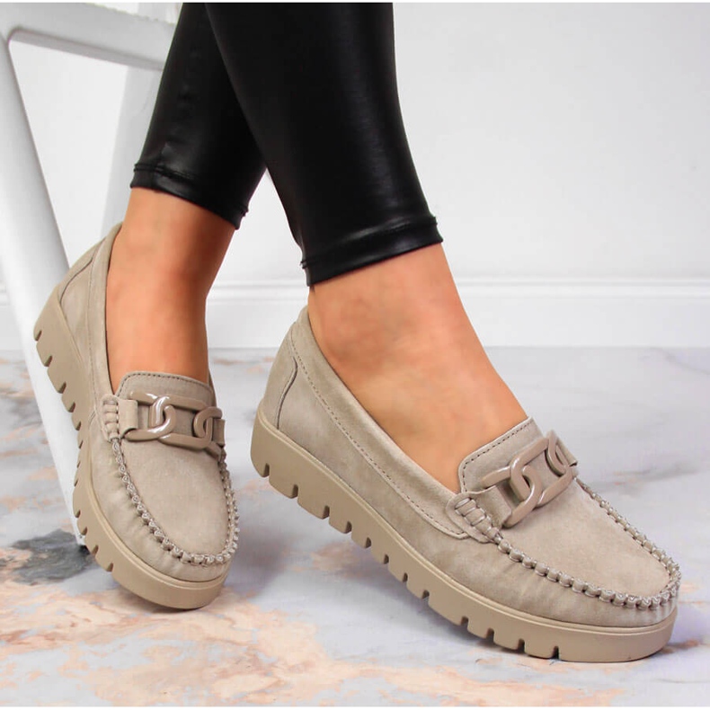 Női bőr mokaszinok Filippo DP3334 bézs platformon 1