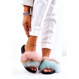 FM1 Papucs természetes szőrmével Rózsaszín-zöld Naturis sokszínű 2