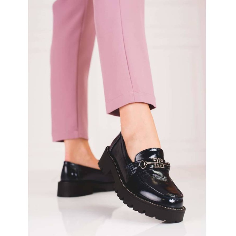 Női lakkozott mokaszin vastag Shelovet talpon, sötétkék 1