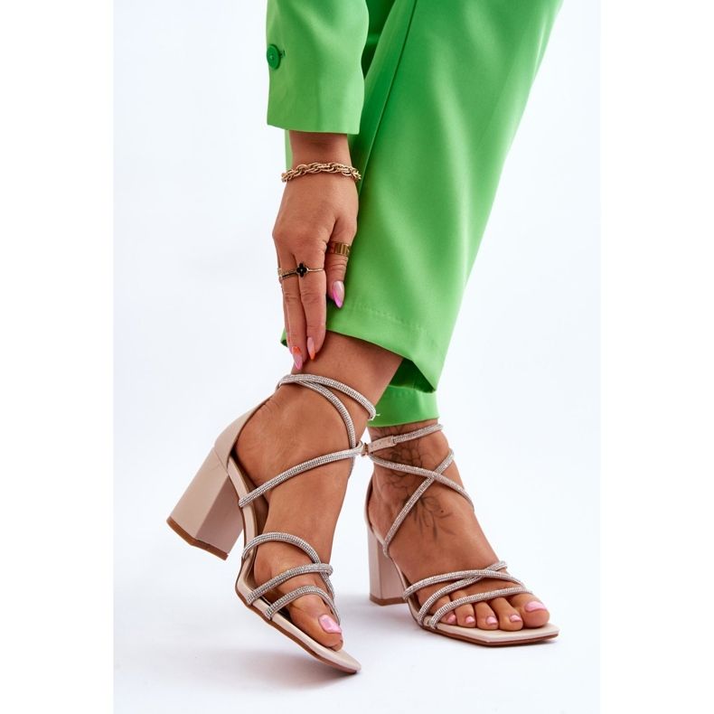 FJ1 Női bőr szandál Cubic cirkónia sarkú bézs Liviano barna 2