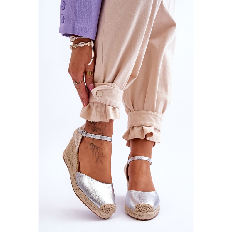 Bőr Espadrilles Wedge Sandals Ezüst Cammer 1