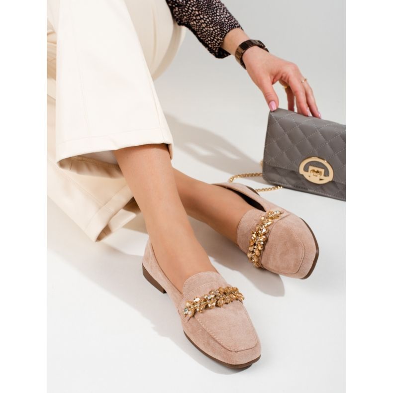 Női velúr cipők Shelovet kristályokkal bézs 2