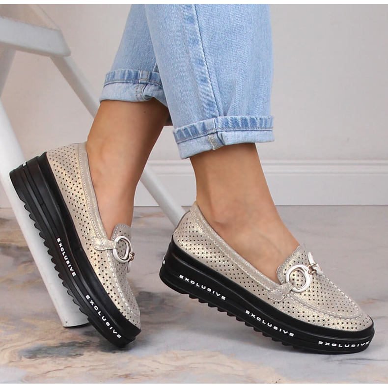 Bőr kényelmes áttört bebújós cipő arany S.Barski LR27750 aranysárga 1