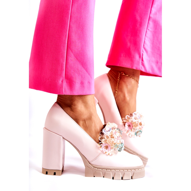PA2 Elegáns pumpák díszítéssel, sima világos rózsaszín katerával 2