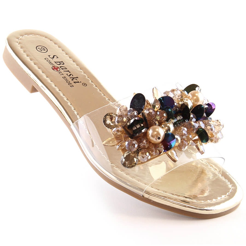 Kényelmes női átlátszó papucs arany gyöngyökkel S.Barski Kv 576-3 aranysárga 1