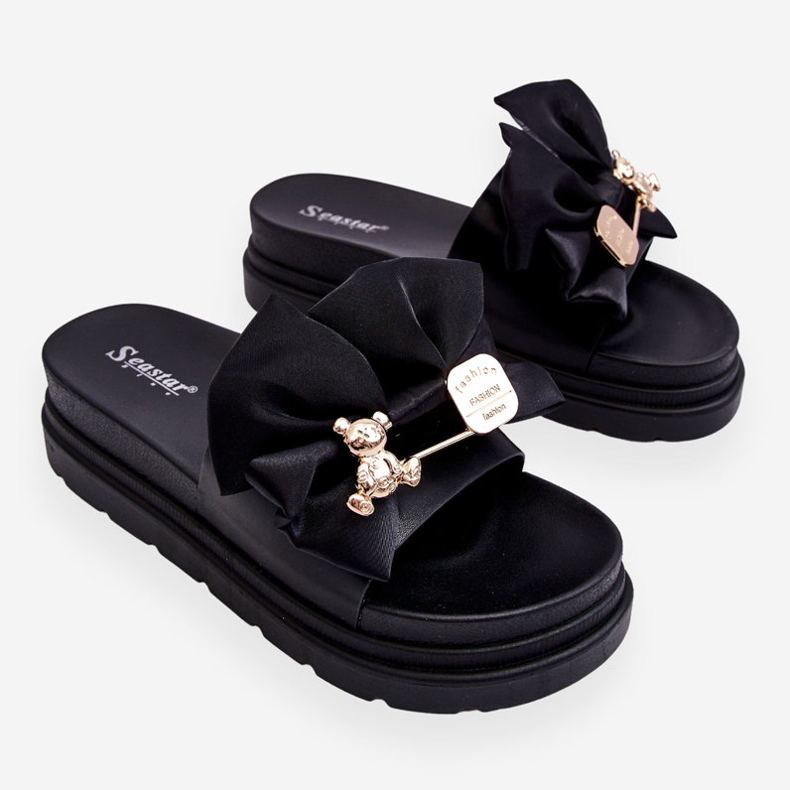 PE1 Papucs masnival és dekoratív mackóval, fekete Suzy 1