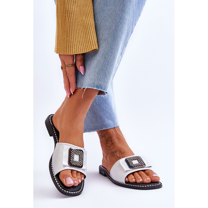 Női bőr papucs strasszokkal S.Barski KV-2775-33 ezüst 2